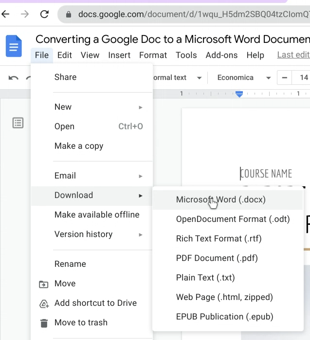 Converting a Google Doc to Word Doc Thumbnail